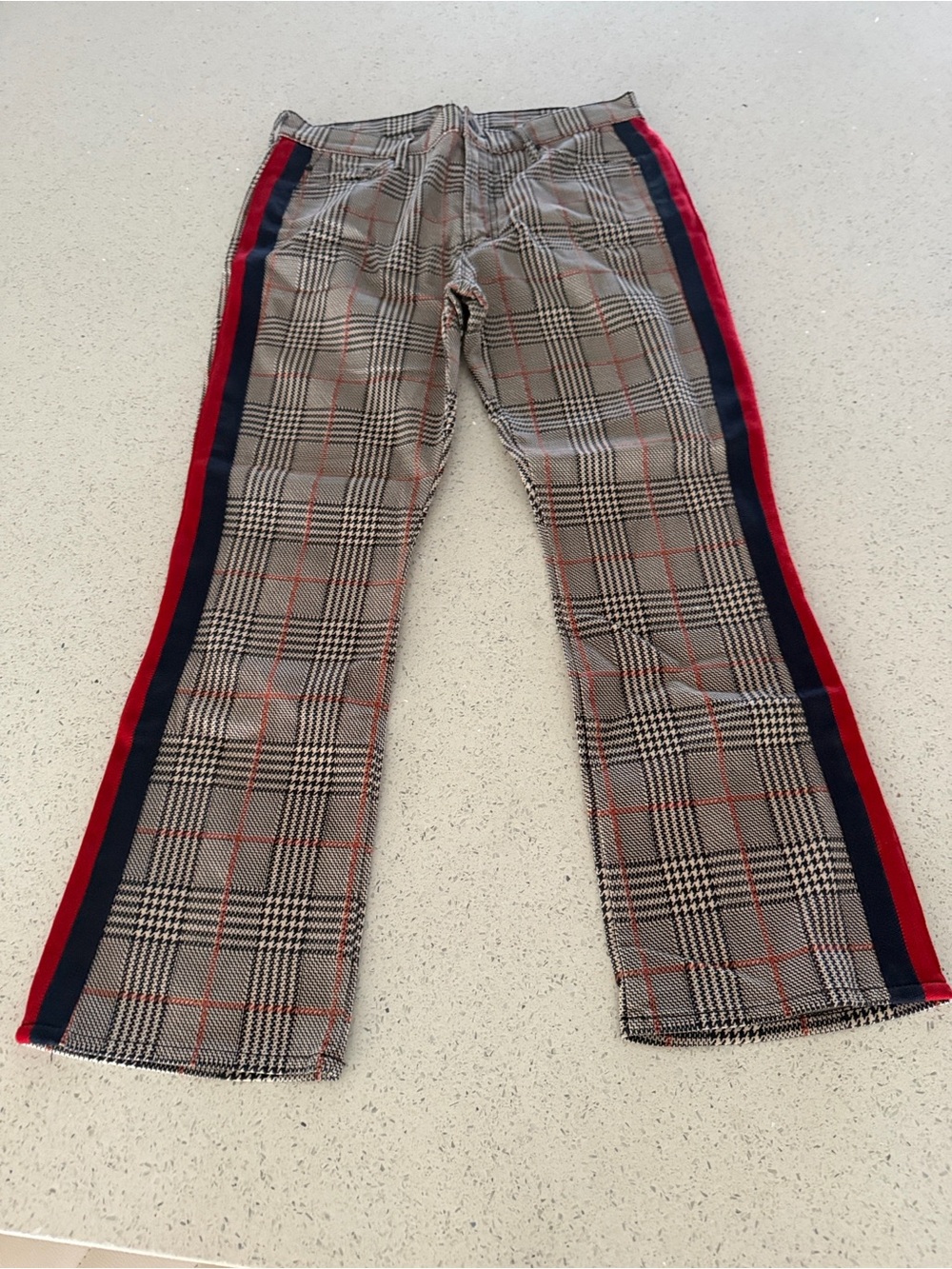 MOTHER The Insider Ankle Plaid Chinos with Red & Navy Side Stripes